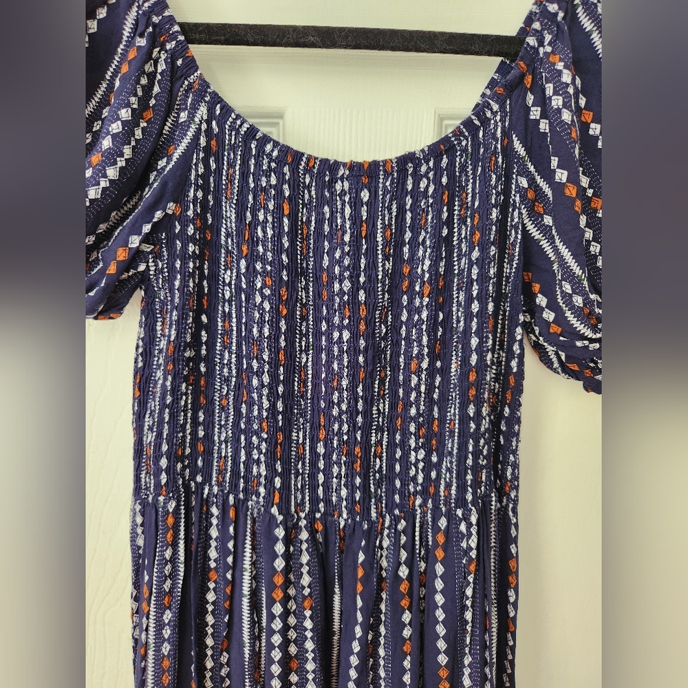 Women's Boho Maxi Dress M Blue Smocked Off Shoulder Puff Sleeve Long Summer - Picture 3 of 7